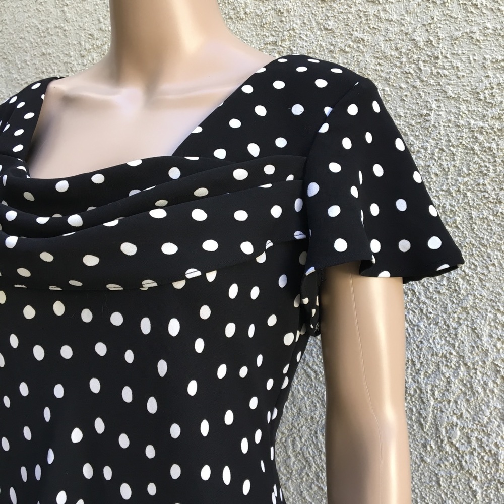 Black & white dot fit & flare dress w/ draped neck - Picture 5 of 7